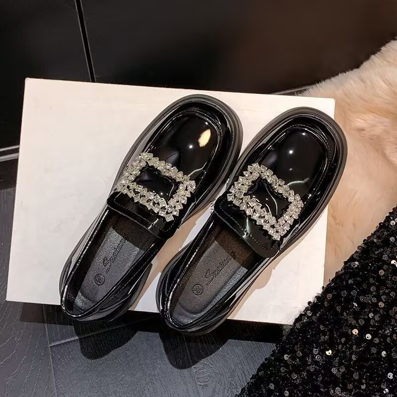 Loafers cu cataramă pătrată cu cristale, vârf rotund, fără șireturi, piele sintetică