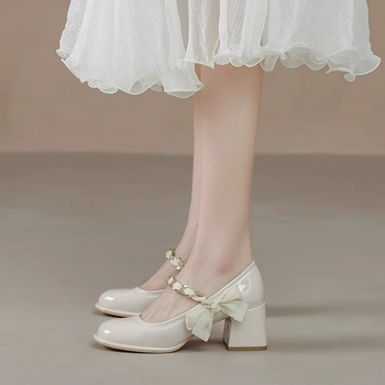 Pantofi de mireasă Mary Jane, vârf rotund, partea superioară din super fiber, talpă din cauciuc, înălțime toc 6–8 cm, toc gros, slip-on, stil coreean