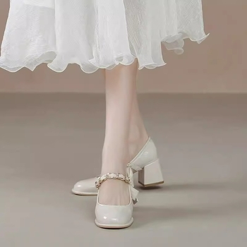 Pantofi de mireasă Mary Jane, vârf rotund, partea superioară din super fiber, talpă din cauciuc, înălțime toc 6–8 cm, toc gros, slip-on, stil coreean