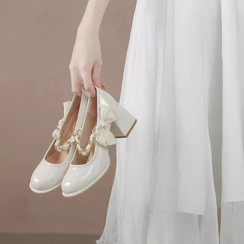 Pantofi de mireasă Mary Jane, vârf rotund, partea superioară din super fiber, talpă din cauciuc, înălțime toc 6–8 cm, toc gros, slip-on, stil coreean