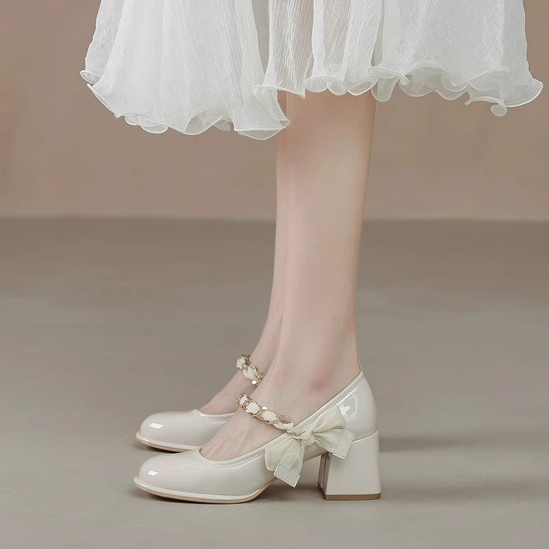 Pantofi de mireasă Mary Jane, vârf rotund, partea superioară din super fiber, talpă din cauciuc, înălțime toc 6–8 cm, toc gros, slip-on, stil coreean