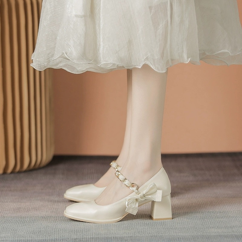 Pantofi de mireasă Mary Jane, vârf rotund, partea superioară din super fiber, talpă din cauciuc, înălțime toc 6–8 cm, toc gros, slip-on, stil coreean