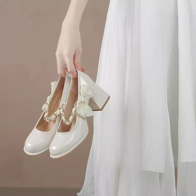 Pantofi de mireasă Mary Jane, vârf rotund, partea superioară din super fiber, talpă din cauciuc, înălțime toc 6–8 cm, toc gros, slip-on, stil coreean