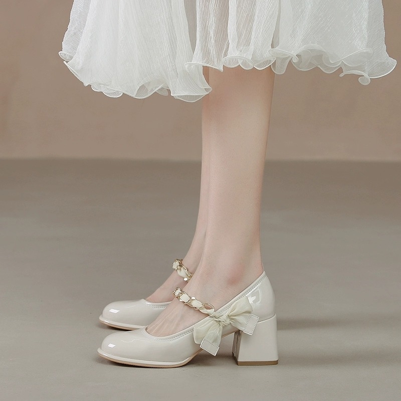 Pantofi de mireasă Mary Jane, vârf rotund, partea superioară din super fiber, talpă din cauciuc, înălțime toc 6–8 cm, toc gros, slip-on, stil coreean