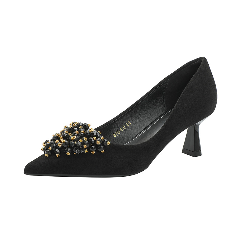 Pantofi dama cu toc înalt din velur, vârf ascuțit, stil coreean, slip-on, 6–8 cm înălțime toc