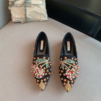 Fei xiaoyi dámske špičaté velúr topánky, plochá podrážka, slip-on