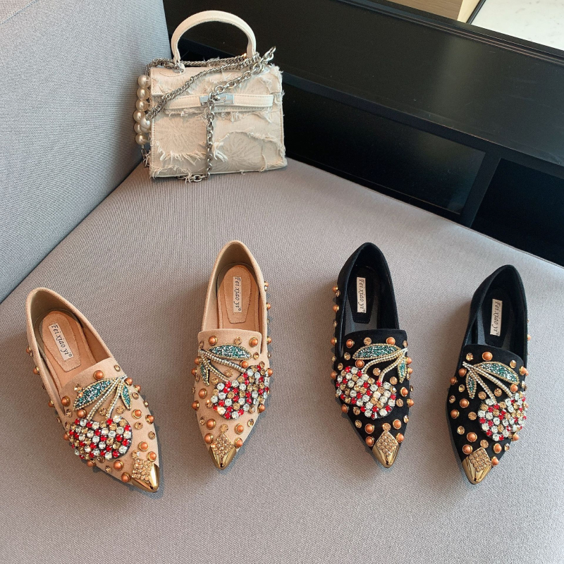 Fei xiaoyi dámske špičaté velúr topánky, plochá podrážka, slip-on