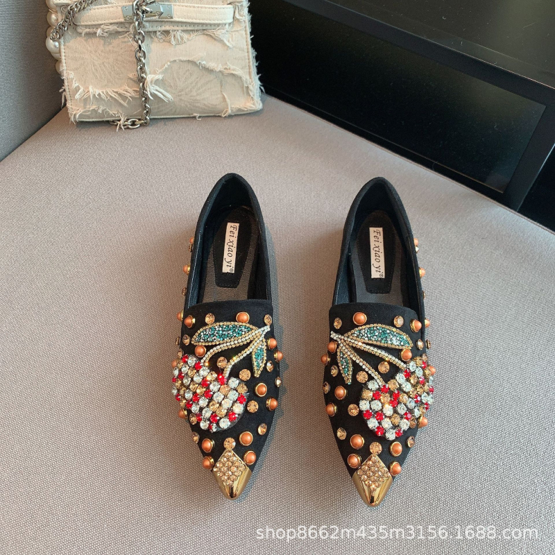 Fei xiaoyi dámske špičaté velúr topánky, plochá podrážka, slip-on