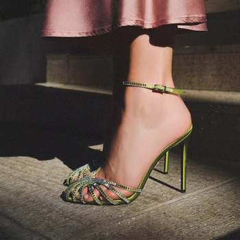 Ženske sandale s rhinestones, bez stražnjeg dijela, štikle sa stilettom, okrugli vrh, gornji dio od mikrovlakana