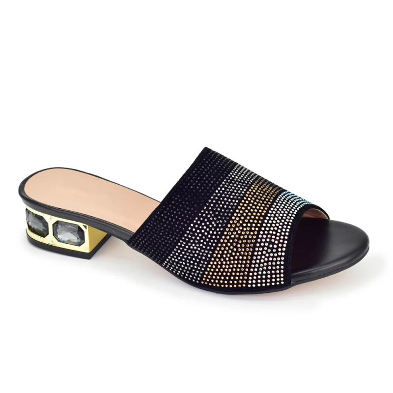 Női bankett szandál PU felsőrész, kerek orr, 6-8 cm sarok, PU talp, strassz díszítés