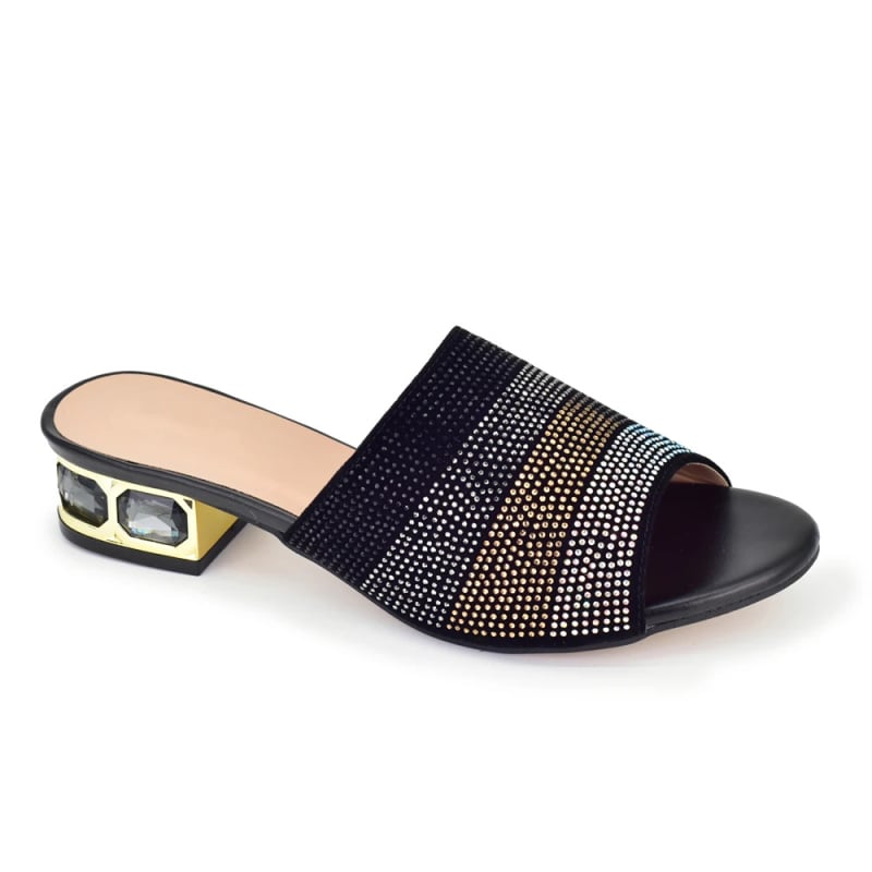 Női bankett szandál PU felsőrész, kerek orr, 6-8 cm sarok, PU talp, strassz díszítés