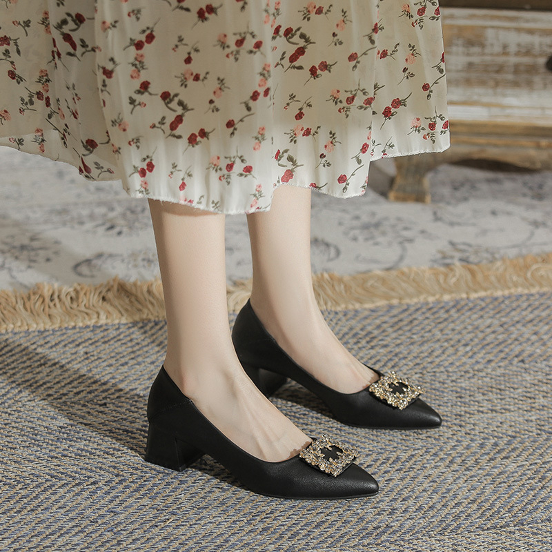 Ženske kožne ravne cipele s oštrim nosom, gornji dio od kravlje kože, srednje debeli potpetica, slip-on