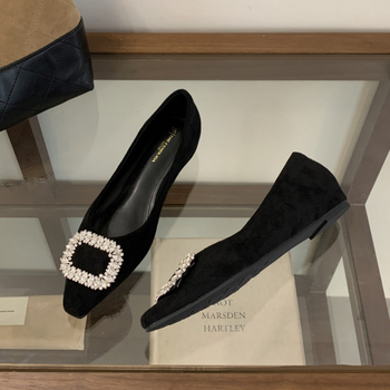 Ženske cipele s kvadratnom kopčom od velura, slip-on cipele s oštrim nosom, niski pet 2–3 cm, gumeni potplat