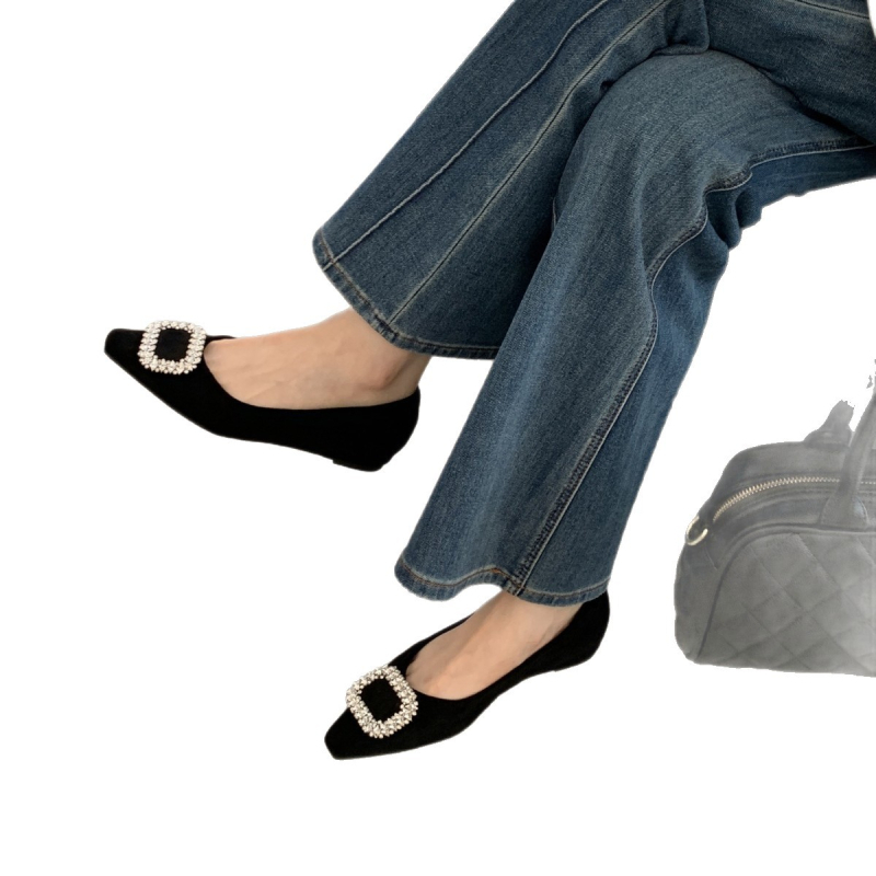 Ženske cipele s kvadratnom kopčom od velura, slip-on cipele s oštrim nosom, niski pet 2–3 cm, gumeni potplat
