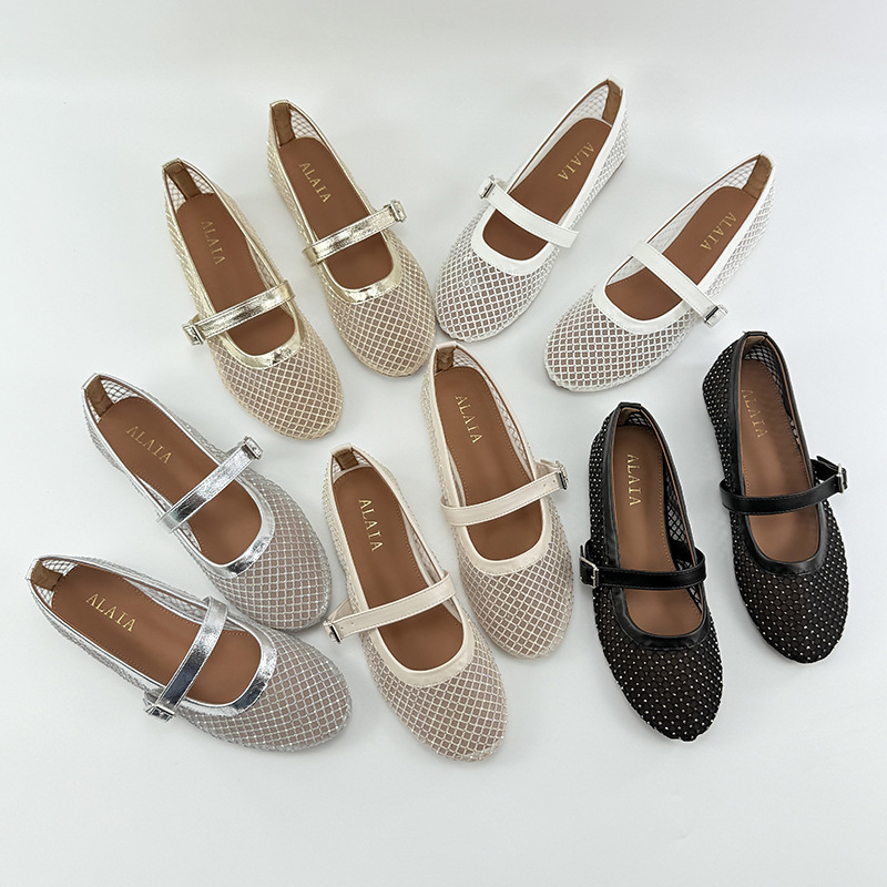 Ženske Mary Jane balerinke, zaobljeni nos, prozračan mrežasti gornji dio, slip-on, niski plosnati potpetica
