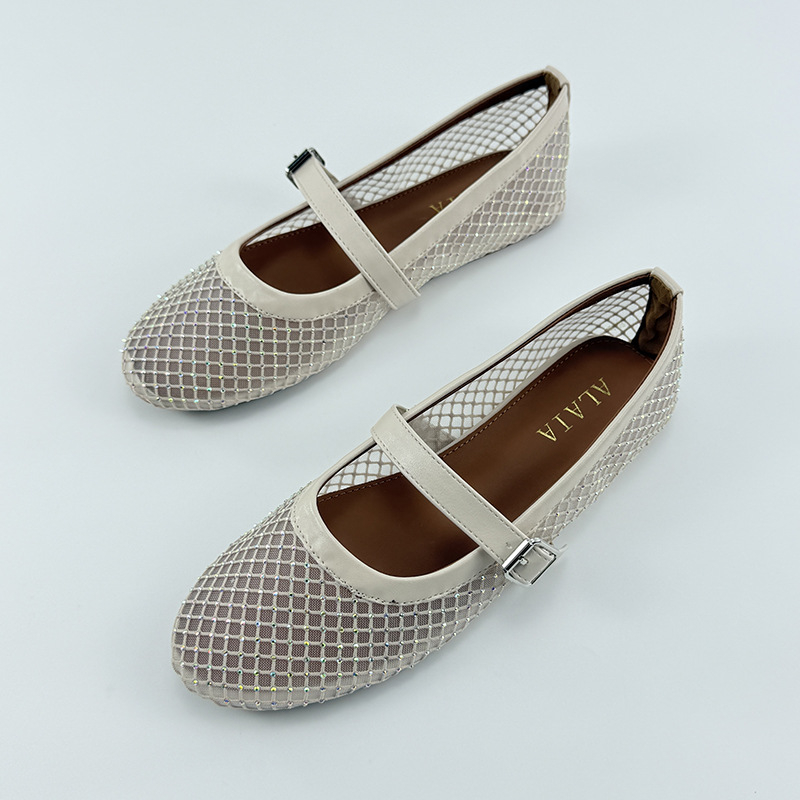 Ženske Mary Jane balerinke, zaobljeni nos, prozračan mrežasti gornji dio, slip-on, niski plosnati potpetica