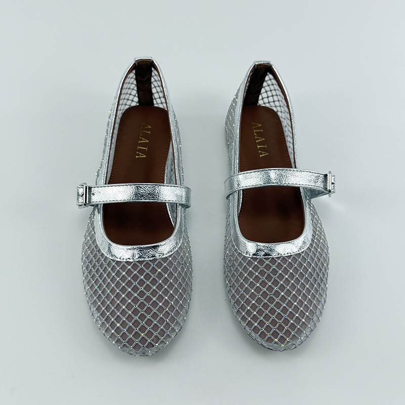 Ženske Mary Jane balerinke, zaobljeni nos, prozračan mrežasti gornji dio, slip-on, niski plosnati potpetica