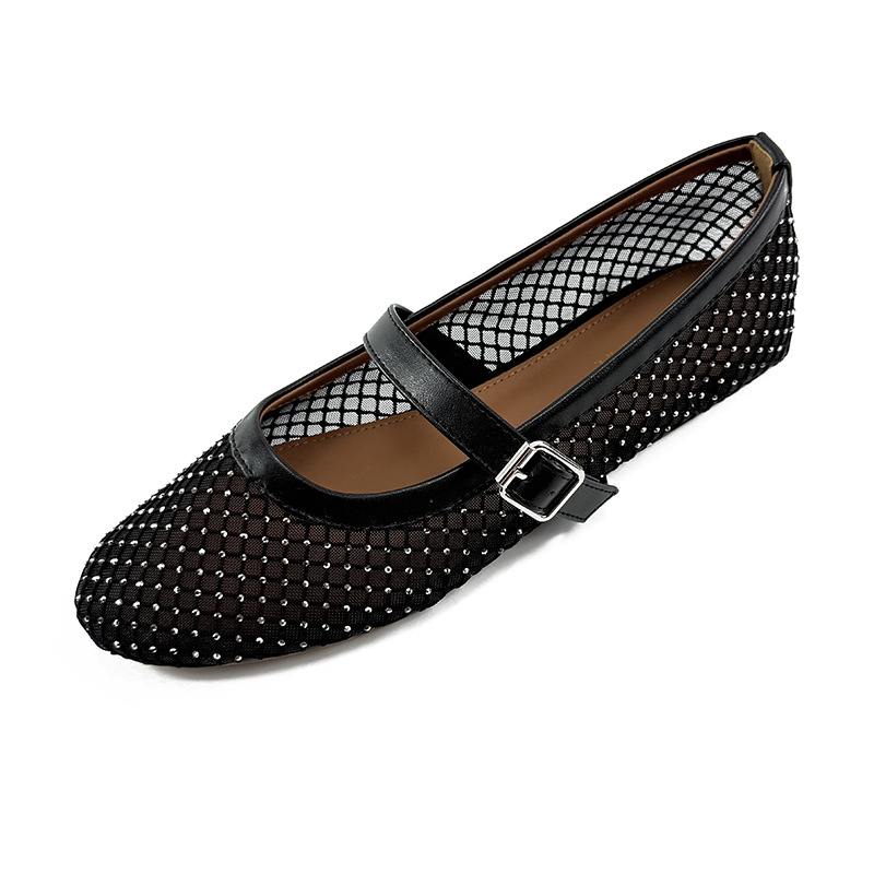 Ženske Mary Jane balerinke, zaobljeni nos, prozračan mrežasti gornji dio, slip-on, niski plosnati potpetica