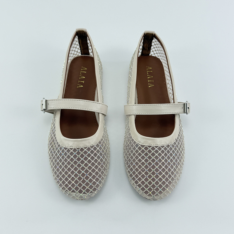 Ženske Mary Jane balerinke, zaobljeni nos, prozračan mrežasti gornji dio, slip-on, niski plosnati potpetica