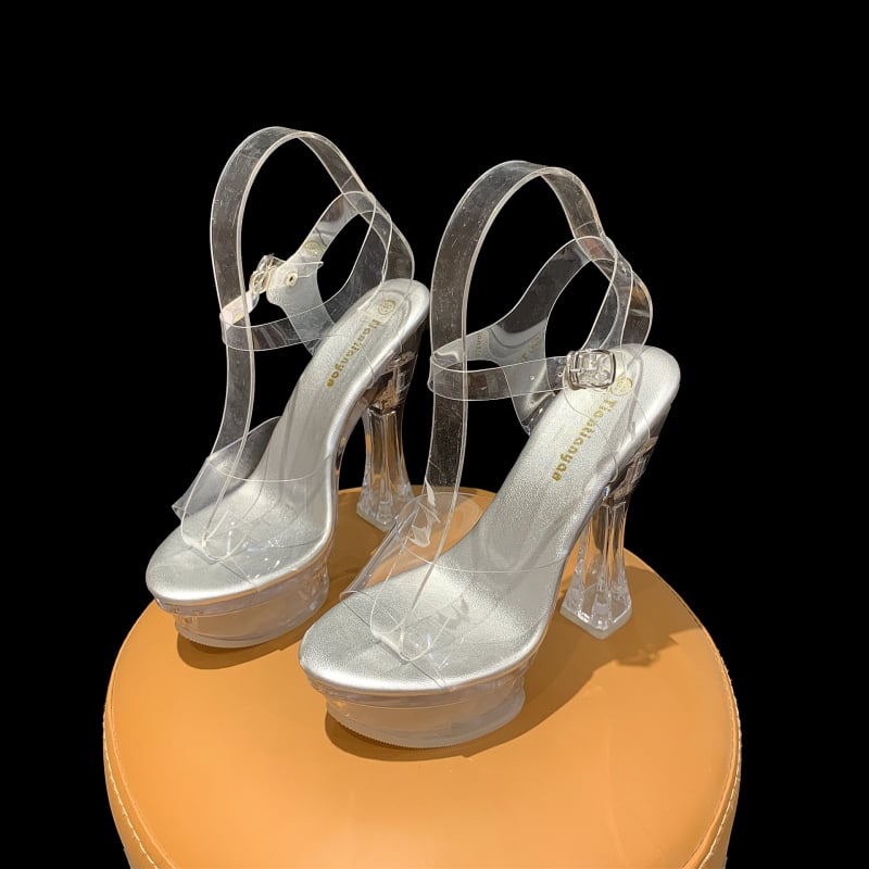 Visoke ženske cipele s PVC gornjim dijelom, prozirna kristalna kopča, debeli pet preko 8 cm, PU ulošak, gumeni đon