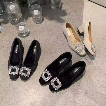 Minimalista női Mary Jane cipő, plüss bélés, filc felsőrész, alacsony sarok, slip-on
