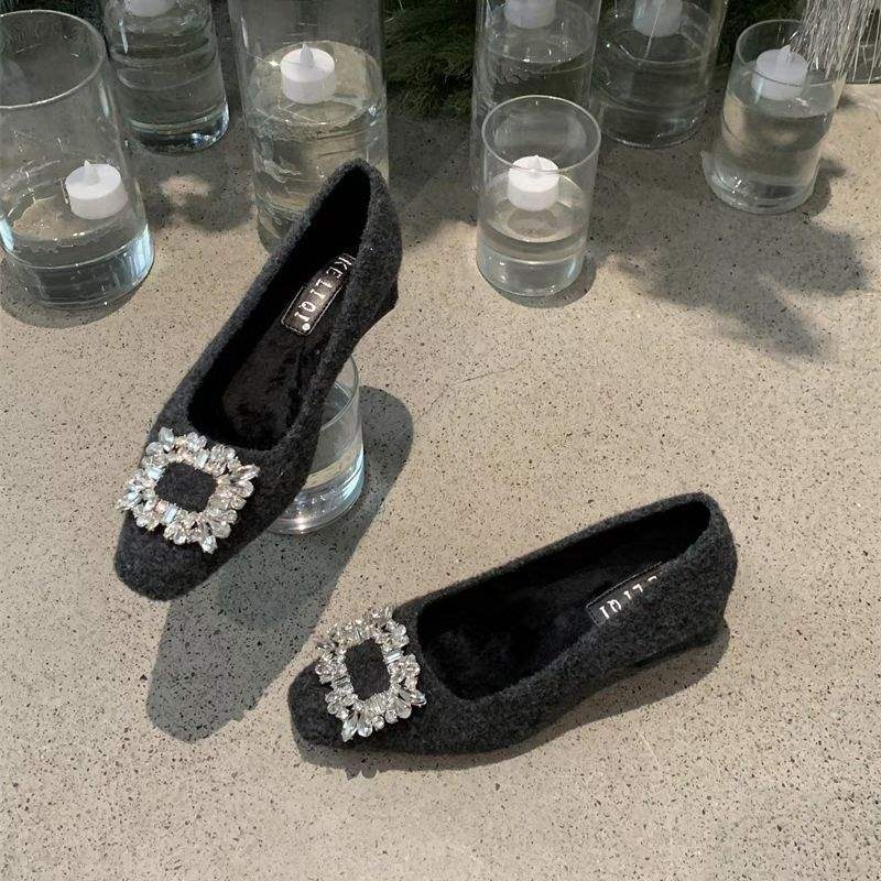 Minimalista női Mary Jane cipő, plüss bélés, filc felsőrész, alacsony sarok, slip-on