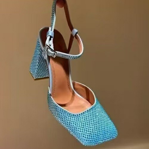 Mary Jane sandále s štvorcovým nosom, kamienky, zapínanie s prackou, sieťovaný vršok, hrubý podpätok nad 8 cm