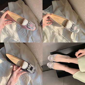 Pantofi plat cu vârf pătrat, din microfibră, talpă din cauciuc, toc mic 1-3 cm, închidere slip-on