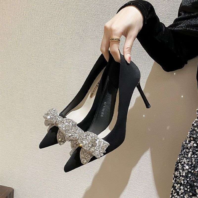 Mary Jane cipele s oštrim nosom, mašnom, PU gornji dio, tanki potpetica iznad 8 cm