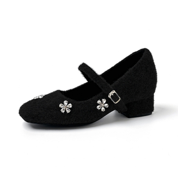 Mary Jane cipele od velura, okrugla špička, rhinestones i umjetno krzno iznutra