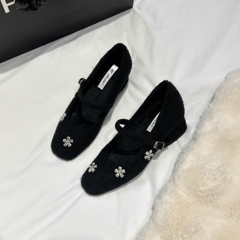 Mary Jane cipele od velura, okrugla špička, rhinestones i umjetno krzno iznutra