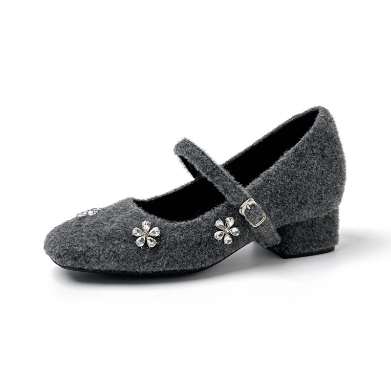 Mary Jane cipele od velura, okrugla špička, rhinestones i umjetno krzno iznutra