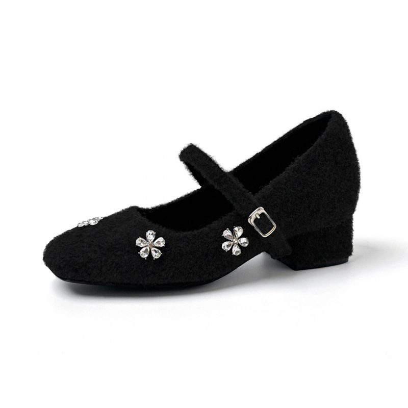 Mary Jane cipele od velura, okrugla špička, rhinestones i umjetno krzno iznutra