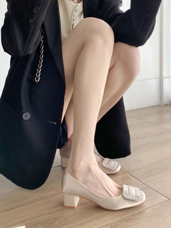 Ženske satin cipele s četvrtastim vrhom i kristalnom kopčom, debeli pet, slip-on, korejski stil