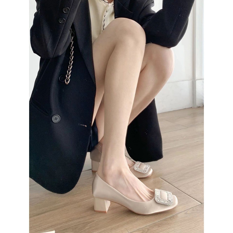 Ženske satin cipele s četvrtastim vrhom i kristalnom kopčom, debeli pet, slip-on, korejski stil