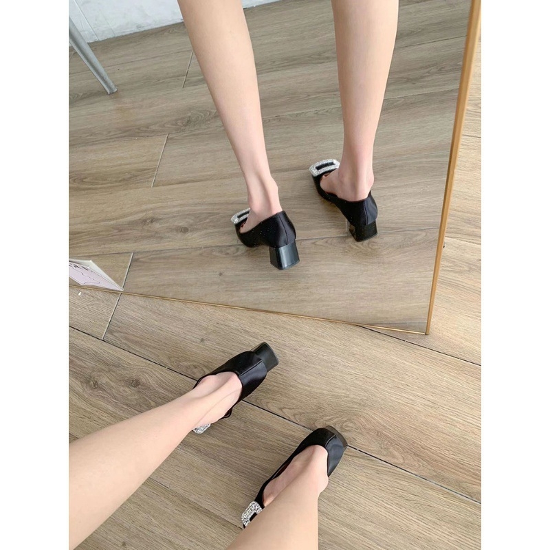 Ženske satin cipele s četvrtastim vrhom i kristalnom kopčom, debeli pet, slip-on, korejski stil