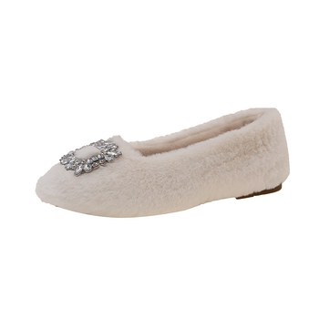 Ženske loaferice s kvadratnom kopčom i kristalima od umjetnog krzna, leopard uzorak, slip-on, niska peta 1-3 cm, gumeni potplat