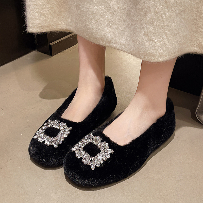 Ženske loaferice s kvadratnom kopčom i kristalima od umjetnog krzna, leopard uzorak, slip-on, niska peta 1-3 cm, gumeni potplat