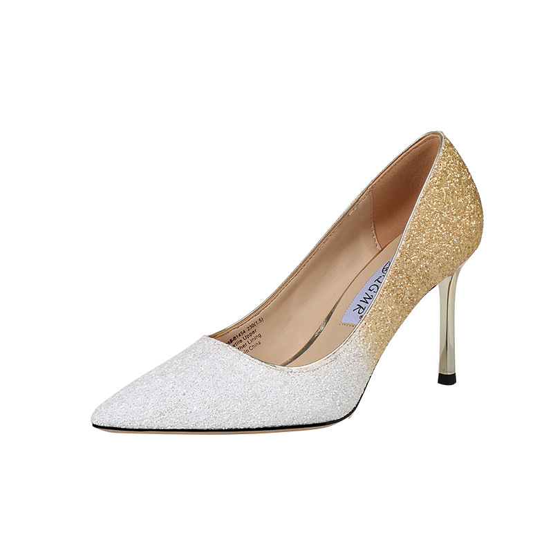 Ženske cipele na visoku petu s gradientnim uzorkom i šljokicama, oštar nos, 6-8 cm visina potpetice, Ultrafilm kožna uložak