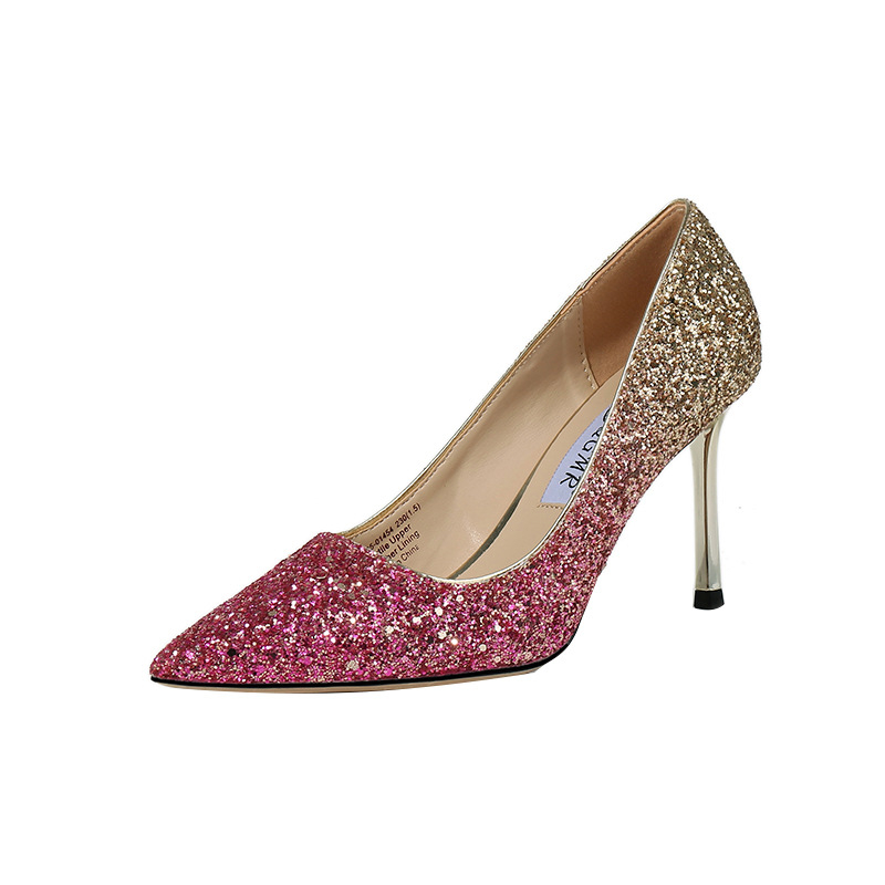 Ženske cipele na visoku petu s gradientnim uzorkom i šljokicama, oštar nos, 6-8 cm visina potpetice, Ultrafilm kožna uložak