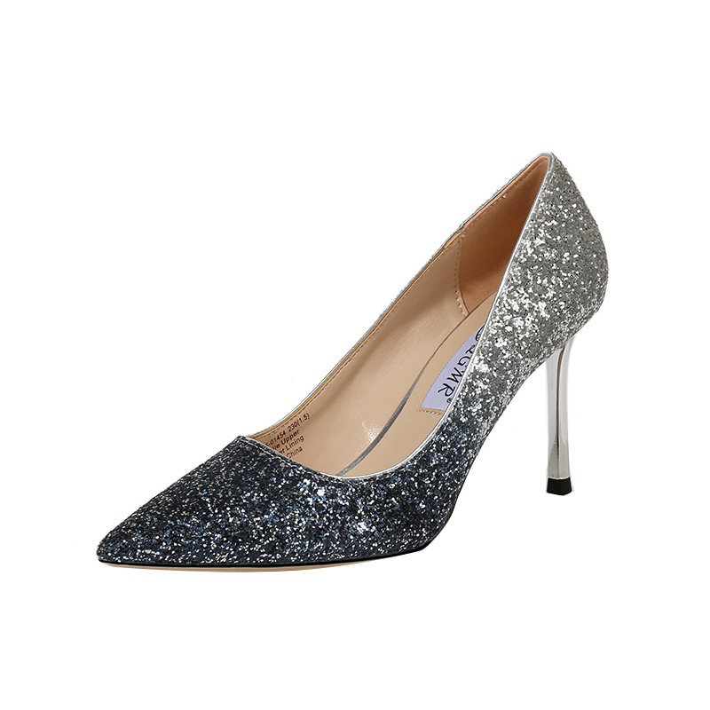 Ženske cipele na visoku petu s gradientnim uzorkom i šljokicama, oštar nos, 6-8 cm visina potpetice, Ultrafilm kožna uložak