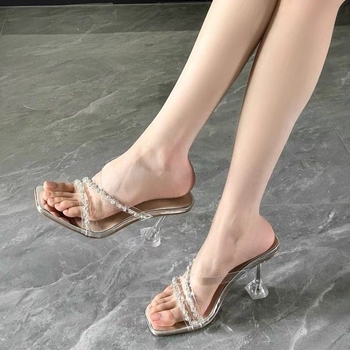 Átlátszó pántos, gyémántos kristállyal díszített magassarkú szandál – magasság növelő hatás, PU felső rész, PU belső rész, gumi talp