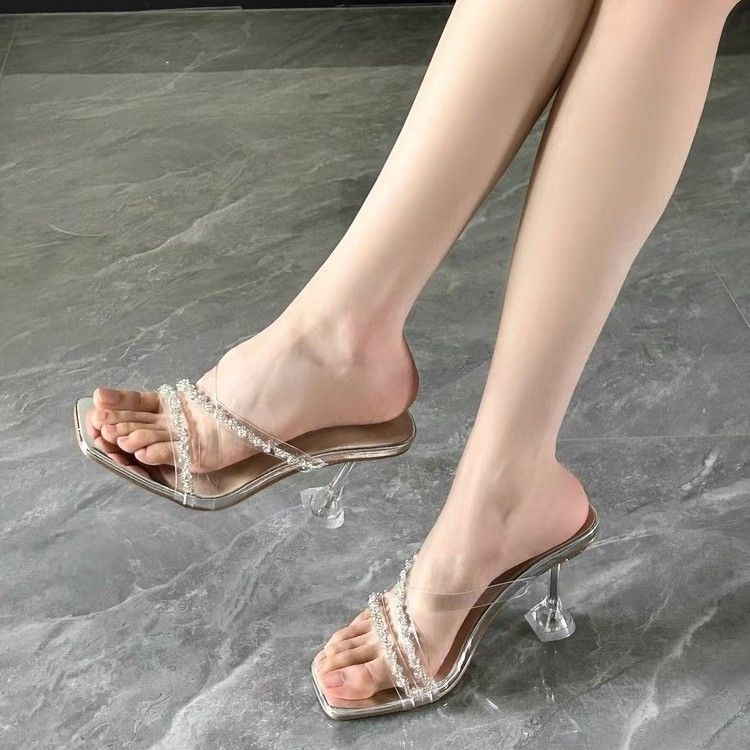 Átlátszó pántos, gyémántos kristállyal díszített magassarkú szandál – magasság növelő hatás, PU felső rész, PU belső rész, gumi talp