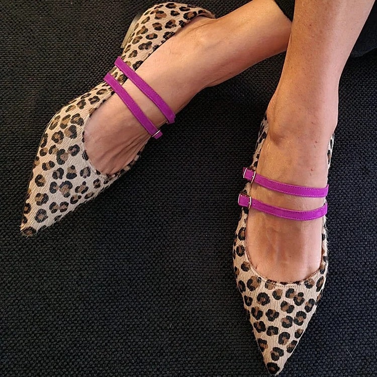 Mary Jane cipele s leopard uzorkom, uski nos, PU gornji dio, niski potpetica, dvostruka kopča
