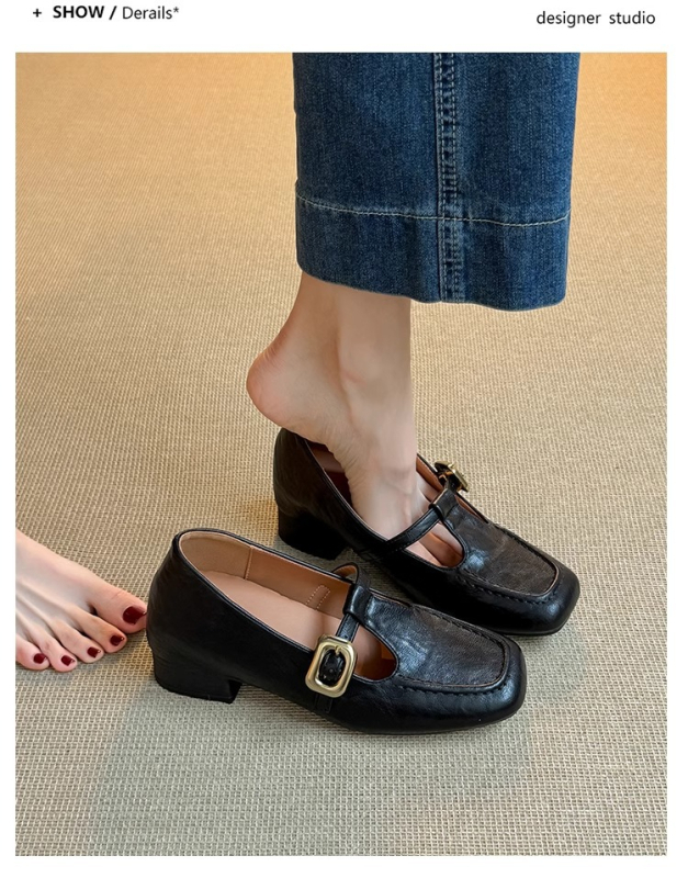 Mary Jane cipők bőrből, belső juhbőr, négyszögletes orrú, csattal záródó