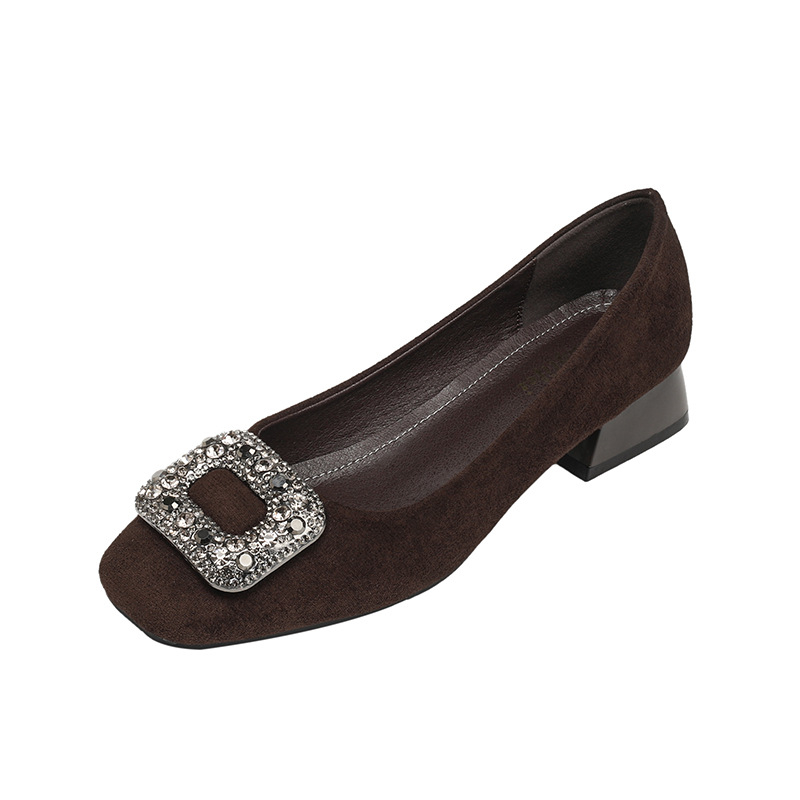 Ženske ravne cipele s kvadratnim vrhom, zamšeni gornji dio, slip-on, niski pet 1–3 cm, gumena potplat