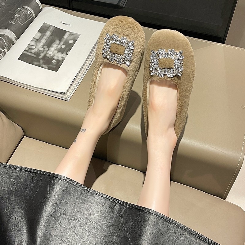 Ženske mokasine od suedea s kvadratnim vrhom, pliš unutrašnjost, Slip-On (gumena potplat)
