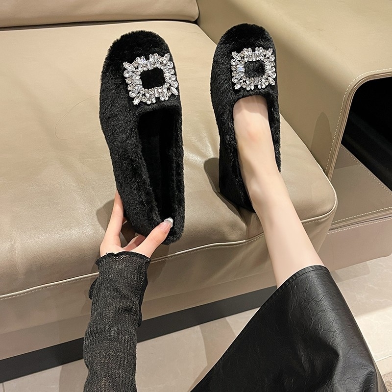 Ženske mokasine od suedea s kvadratnim vrhom, pliš unutrašnjost, Slip-On (gumena potplat)