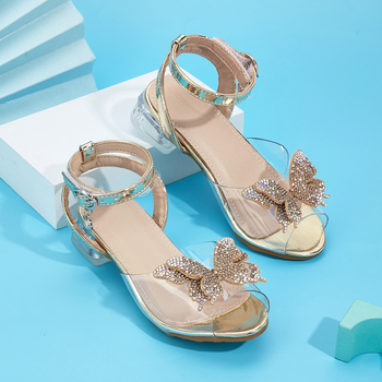 Moteriški sandalai su kaspinu, storo kulno, permatomi dirželiai, kristalai, žuvies burnos formos piršto dizainas