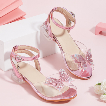 Moteriški sandalai su kaspinu, storo kulno, permatomi dirželiai, kristalai, žuvies burnos formos piršto dizainas